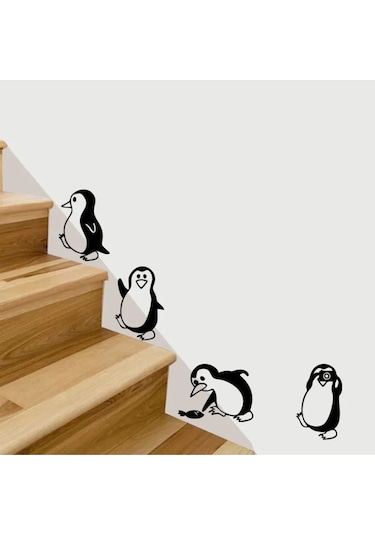 Penguen Dekoratif Duvar, Kapı, Merdiven Süsü Sticker Etiket 4'lü Siyah
