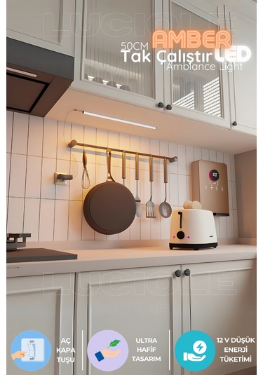 50cm Tak Çalıştır Led Mutfak Tezgah Aydınlatma - Amber - Adaptörlü, Yerli Üretim