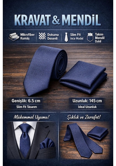 Gaffy Beyaz Desenli Siyah Dokuma Kumaş Mendilli Slim Fit Kravat // Sdk-2613-1 Siyah
