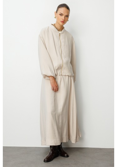 Mizalle Modal Karışımlı Taş Rengi Beli Lastikli Maksi Etek Taş