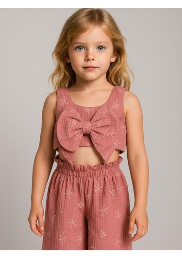 Kız Çocuk Müslin Crop Pantolonlu Takım-16077 Gül Kurusu