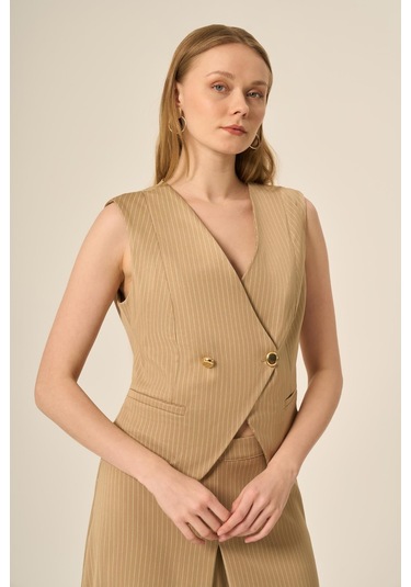 Ftz Women Kadın Yelek Etek Çizgili Takım Beige 31147 Beige