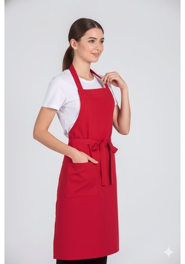 Kadın Boyundan Asmalı Barista Şef Mutfak Önlüğü 60x85 Cm Kırmızı