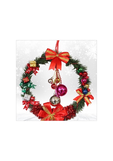 Yılbaşı Kapı Süsü, Ahşap Üzeri Garland Kapı Halkası - 33 Cm