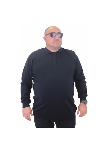 Starbattal Erkek Büyük Beden Polo Yaka Düğmeli Triko Kazak 23700 Lacıvert-Lacıvert Lacivert