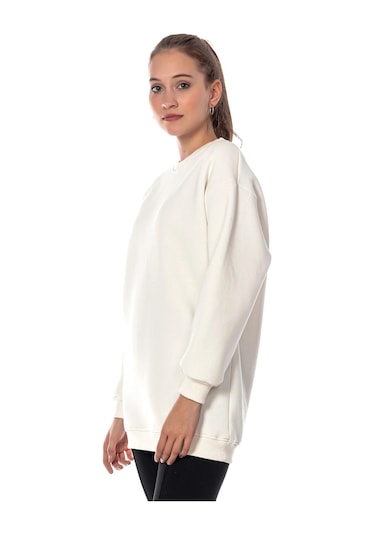 Caya Kadın Ekru Renk Uzun Kesim Basic Örme Sweatshirt Cy84197 Beyaz Beyaz
