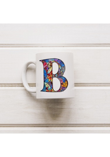 B Harfi Bardak 330 Ml İsme/harfe Özel Hediye, Renkli Harf Tasarım Beyaz