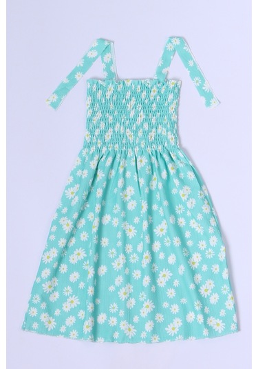 Kız Çocuk Askılı Elbise Çiçek Desenli B35 Hcm00119 SU YEŞİLİ