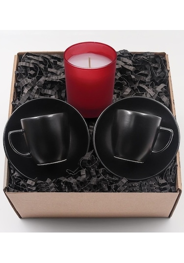 2'Li Siyah Fincan Takımı & Kokulu Bardak Mum Hediye Seti