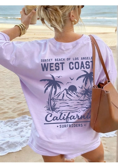 Kadın Lila West Coast Calif Baskı Regular Fit Tişört