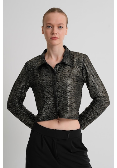 Alexandergardı Desenli Uzun Kollu Dokulu Crop Gömlek Sarı - Siyah