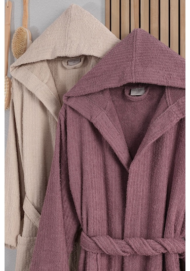 Güvenal Verona Pamuk 2'li Çizgili Kapüşonlu Bornoz Seti Bornoz Çeyiz Seti Bornoz Takımı 3 Çok Renkli