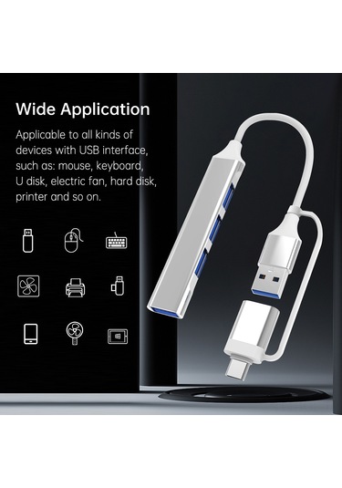Gajeena Alüminyum Gövde 4 Usb 3.0 Portlu Çok Fonksiyonlu Usb-type-c Hub Genişletme Dönüştürücü - Gümüş