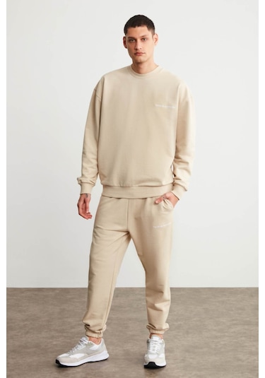 Raırok Erkek İçi Polarlı Comfort Oversize Nakışlı Bej Sweat