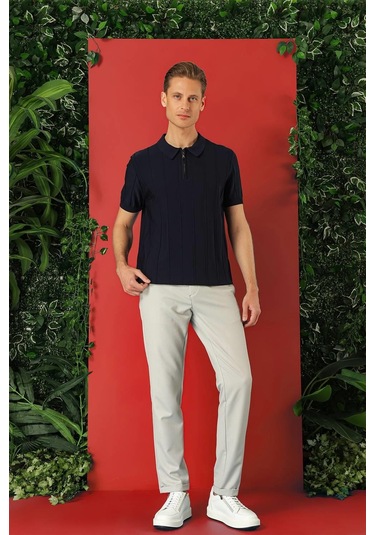 Slim Fit Fermuarlı Polo Yaka Kısa Kol Lacivert Triko Tr 865 Lacivert