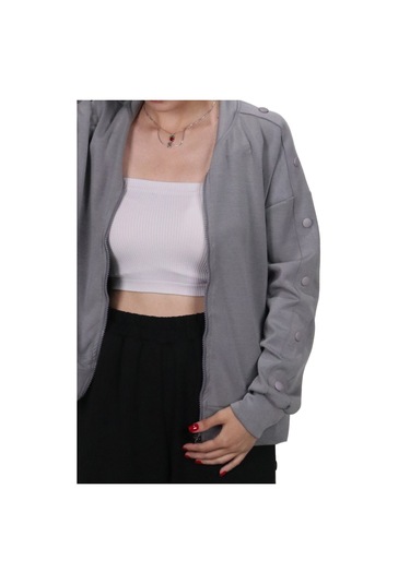 Kadın Modal Kumaş Dik Yaka Rahat Kalıp Gri Ceket Hırka Gri
