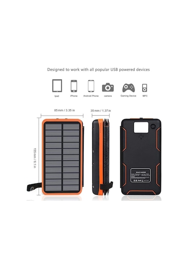 Reedark 20000mah Portatif Güneş Enerjili Şarj Cihazı - Su Geçirmez Katlanabilir Dış Mekan Powerbank Turuncu 1+3
