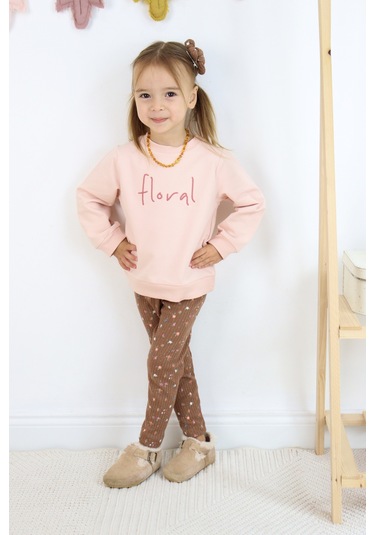 Kız Çocuk Floral Nakışlı İki İplik Kumaş Taytlı Takım Toka Dahildir. Açık Pembe