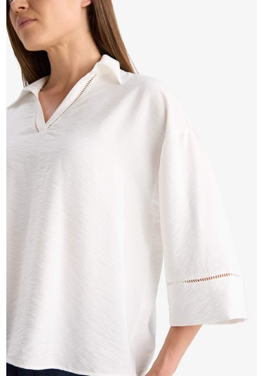 Defacto Relax Fit Gömlek Yaka Uzun Kollu Bluz F4977ax25auer105 Ekru