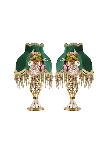 İki Adet Çiçek Dekorlu Abajur Gold Hürrem Yeşili Klasik Model