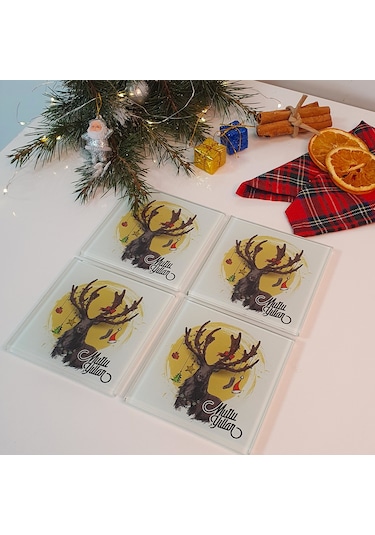 Decorita Cam Bardak Altlığı Mutlu Yıllar Geyik 4'lü Takım 10 x 10 CM Çok Renkli