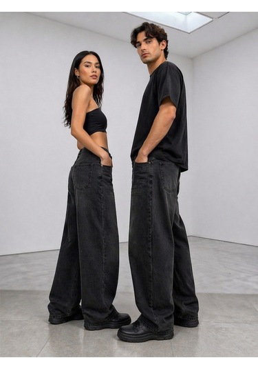 St.poll Eskitme Lacivert Yıkama Unisex Baggy Jeans Pantolon