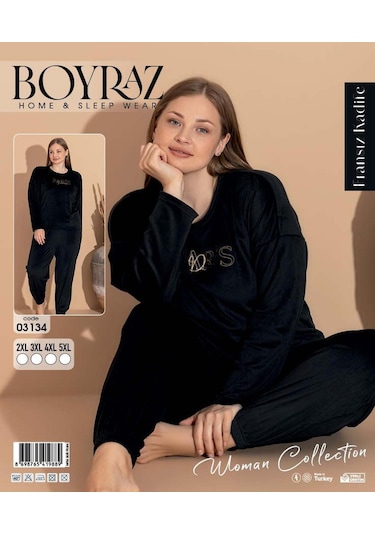 Boyraz Kadın Kışlık Fransız Kadife Büyük Beden Bisiklet Yaka Uzun Kol Pijama Takımı 03134 - 1 Adet Siyah