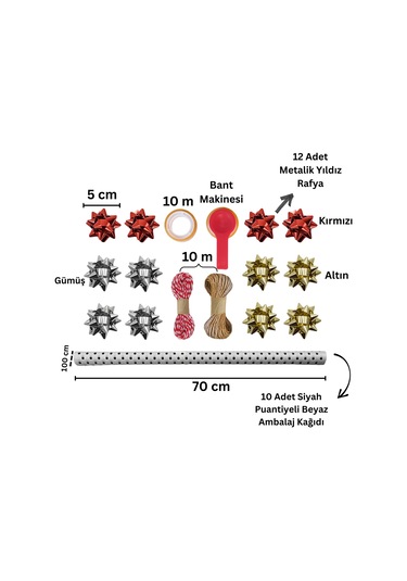 Siyah Puantiyeli Beyaz Ambalaj Kağıdı Seti, 10 Rulo Kağıt 70x100c