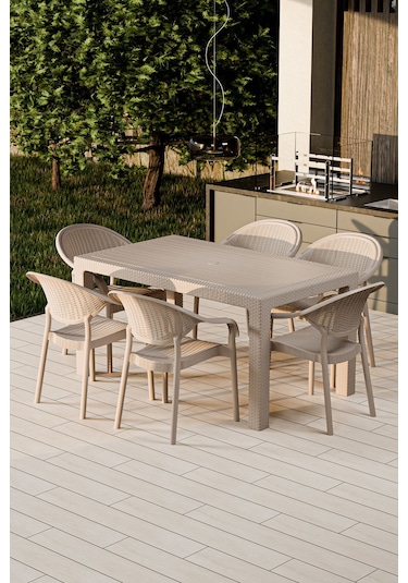 90x150 Cm Rattan 6 Kişilik Masa Takımı Camsız Bambu Sandalye Bahçe Teras Takımı Oturma Grubu Cappuccino