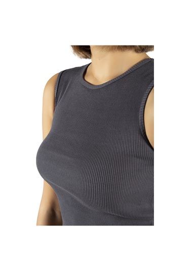 Antrasit Fitted/vücuda Oturan Crop Halter Yaka Fitilli Esnek Örme Bluz Atlet Antrasit