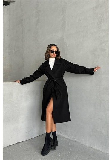 Neşeli Butik Kadın Astarlı Siyah İthal Kaşe Kaban Nbg048 Siyah