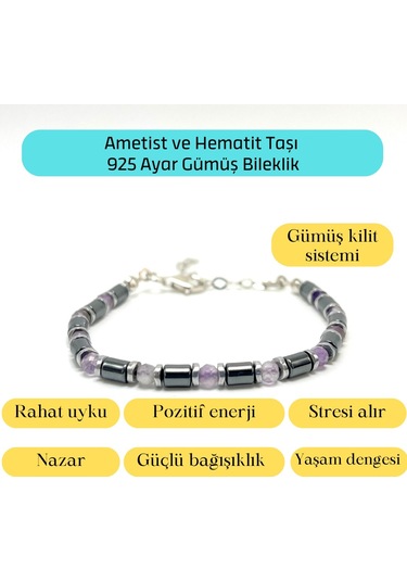 Yıldız Doğal Taş Ametist ve Hematit Doğal Taş Gümüş Bileklik 4 MM