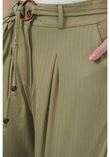 Gabria Kemerli Duble Paça Keten Pantolon Haki
