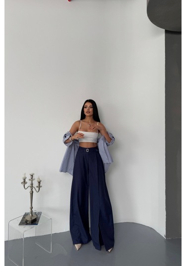 Soonaksesuar Salaş Önden Yırtmaç Detaylı Bel Kemerli Pantolon - Lacivert Lacivert