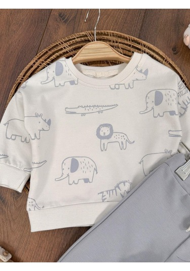 Safari Baskılı Mevsimlik Erkek Bebek 2li Takım Gri