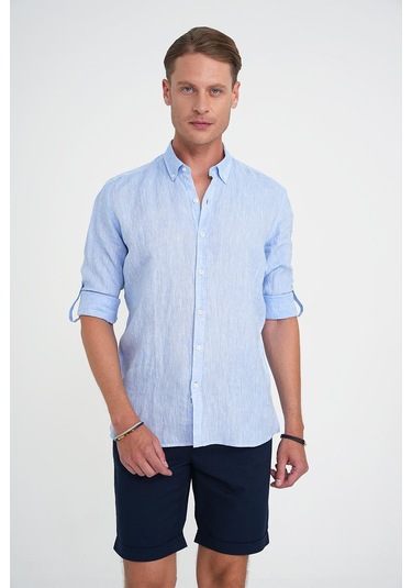 Comfort Fit Düğme Yaka Katlanır Kol %100 Keten Düz Mavi Gömlek G 1595 Mavi