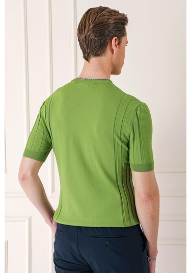 Slim Fit Bisiklet Yaka Kısa Kol Yeşil Triko Tr 869 Yeşil