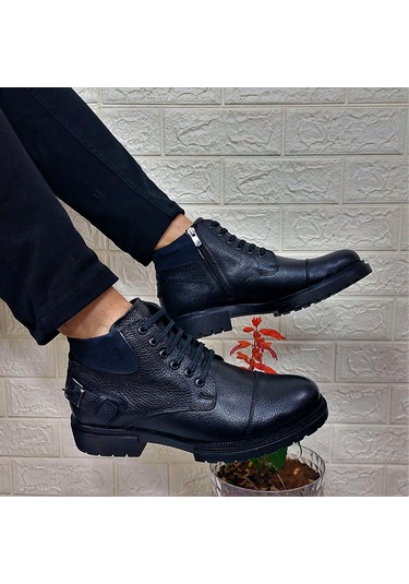 M.P 4201 Siyah Hakiki Deri Bağacaklı Fermuarlı Fuspetli Erkek Bot 001