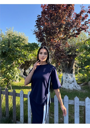 Laci %100 Pamuk Yandan Çizgili Midi Takım Lacivert