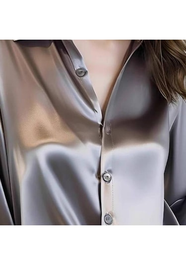 Kadın Gömlek Düz Renk Pürüzsüz Saten Uzun Kollu Yaka Rahat Üstler Tek Göğüslü Fransız Tarzı Ofis Gömlek Açık Yeşil