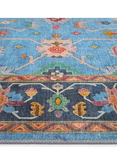 Cool Halı Beylerbeyi By 845 Mavi Halı Çiçek Desenli Otantik Ev Salon Halısı Yıkanabilir Şönil Halı