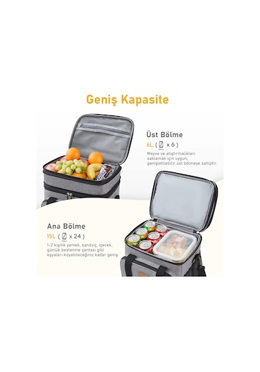 Haegs Körüklü Termal Termos Çanta, Çift Bölmeli, Genişleyebilen Soğuk Sıcak Tutucu Yalıtımlı Beslenme Çantası, Soğutucu Buzluk Yemek Taşıma Çantası 21l - Siyah