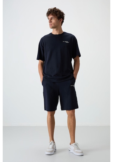 Lacivert Pamuklu Kalın Yumuşak Dokulu Oversize Fit Nakışlı Erkek Şort Takım - 85250
