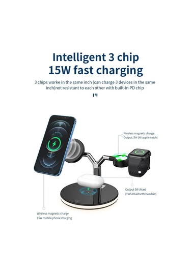 Wezone Watch, İphone Uyumlu 15 14 13 12 İçin 3 Lü Kablosuz Şarj İstasyonu - Siyah