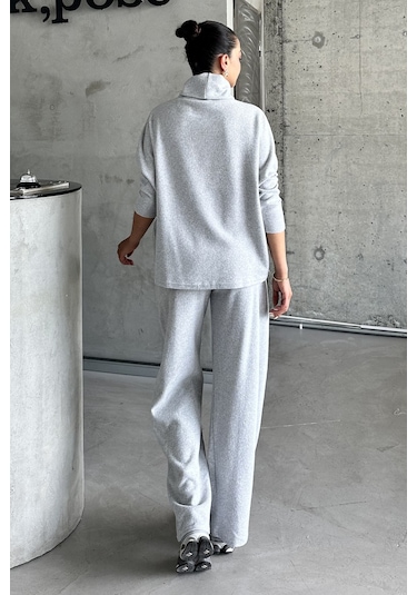 Modagen Kadın Selanik Kumaş Balıkçı Yaka Alt Üst Takım Gri