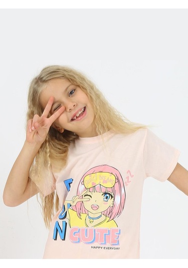 Kız Çocuk Kısa Kollu %100 Pamuklu Flower Up Pijama Takımı Fun Somon