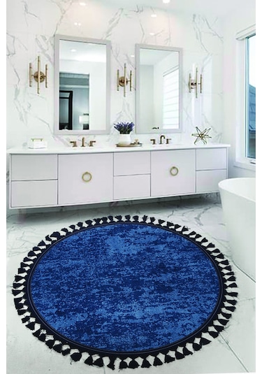 Nova Lacivert Yuvarlak 100x100 Cm Ponpon Saçaklı Kaymaz Tabanlı M Çok Renkli