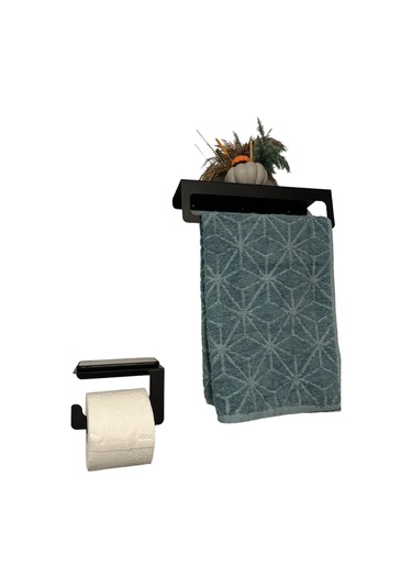 Dione Store 2li Banyo Seti, Metal Havlu Tutucu Ve Tuvalet Kağıtlığı, Havluluk, Tuvalet Kağıdı Tutucu Siyah