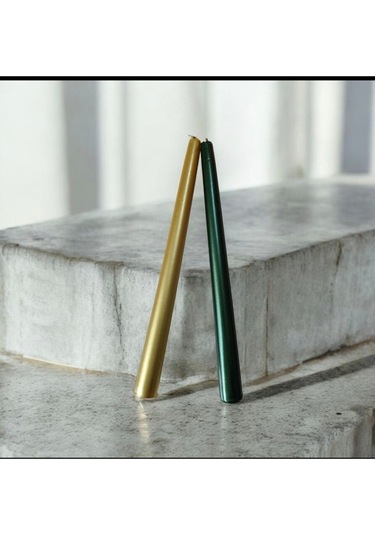 Denic 2 li Metalik Yeşil ve Gold Şamdan Mum Konik Mum