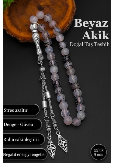 Beyaz Akik Doğal Taş Tesbih Erkek Akik Tesbih Bt050 Beyaz - Siyah